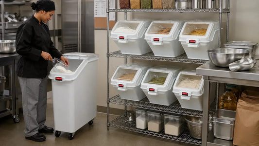 Almacén de cocina comercial con ingredientes a granel organizados en contenedores herméticos ProSave Rubbermaid para reducir merma, humedad y mejorar la rotación PEPS.