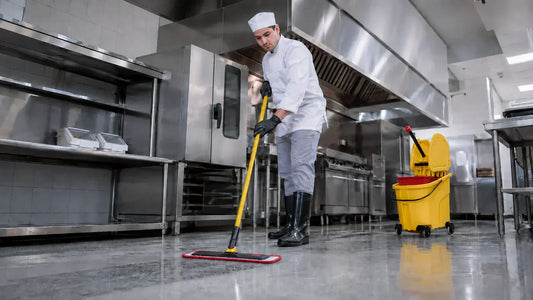 Personal de cocina comercial limpiando el piso con mopa de microfibra y sistema de cubeta Rubbermaid, como parte de un protocolo de código de colores para prevenir contaminación cruzada y cumplir la NOM-251