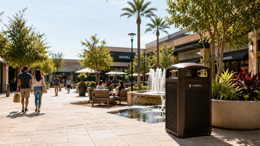 Contenedor Landmark Series Rubbermaid en plaza comercial moderna, diseñado para integrarse al entorno y mantener una imagen premium en áreas públicas de alto tránsito.