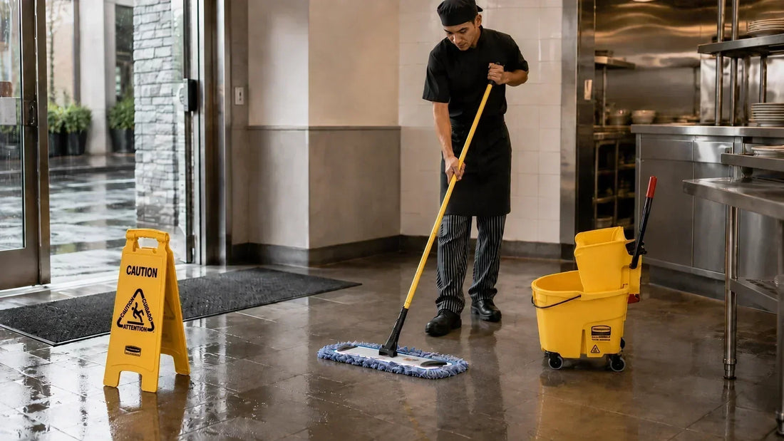 Empleado de restaurante secando un piso mojado con mopa absorbente y cubeta exprimidora, junto a un letrero de precaución en el acceso durante temporada de lluvias.