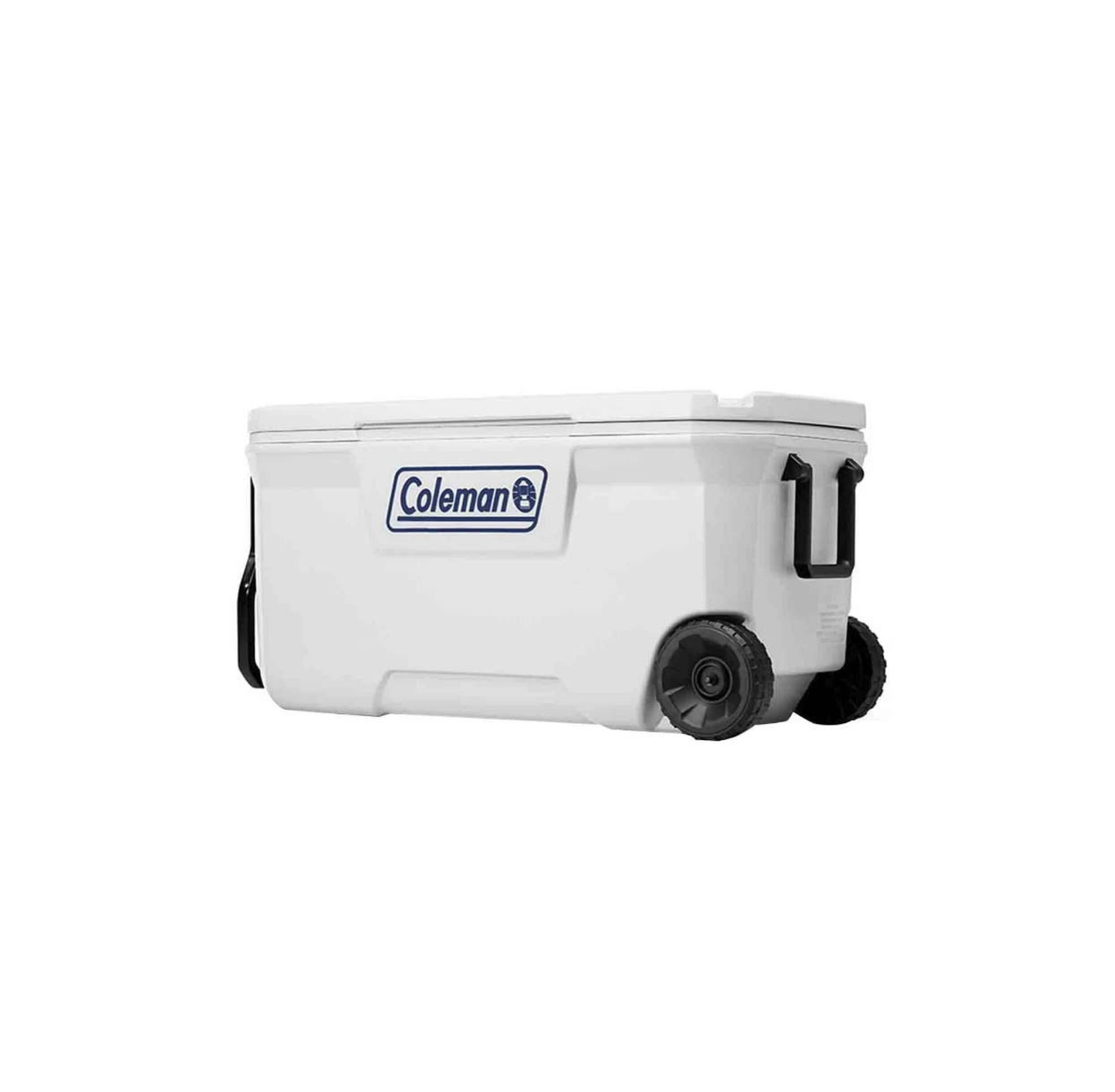 HIELERA MARINA COLEMAN 100 QT, ASA Y LLANTAS DE TRANSPORTE, BLANCO
