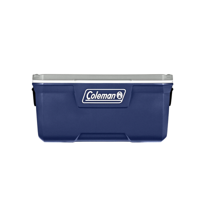 HIELERA COLEMAN 120 QT, TAPA CON MOLDE PORTAVASOS Y ASAS, AZUL C/ GRIS