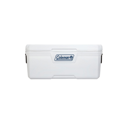 HIELERA MARINA COLEMAN 120 QT, ASA Y LLANTAS DE TRANSPORTE, BLANCO
