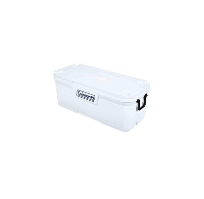 HIELERA MARINA COLEMAN 150 QT, ASA Y LLANTAS DE TRANSPORTE, BLANCO