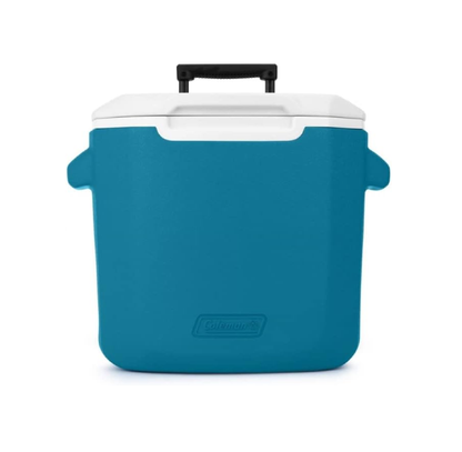 HIELERA CHILLER COLEMAN 28 QT, ASA RETRÁCTICL Y LLANTAS, AZUL