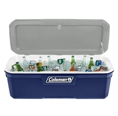 HIELERA COLEMAN 150 QT, TAPA CON MOLDE PORTAVASOS Y ASAS, AZUL C/ GRIS