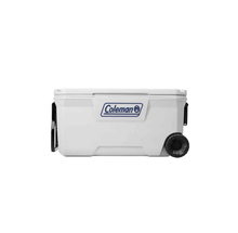 HIELERA MARINA COLEMAN 100 QT, ASA Y LLANTAS DE TRANSPORTE, BLANCO