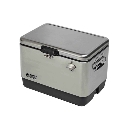 HIELERA COLEMAN 54 QT, ACERO INOXIDABLE, CON CINTURÓN, GRIS