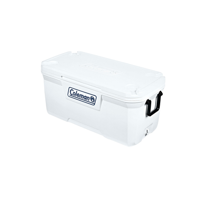 HIELERA MARINA COLEMAN 120 QT, ASA Y LLANTAS DE TRANSPORTE, BLANCO