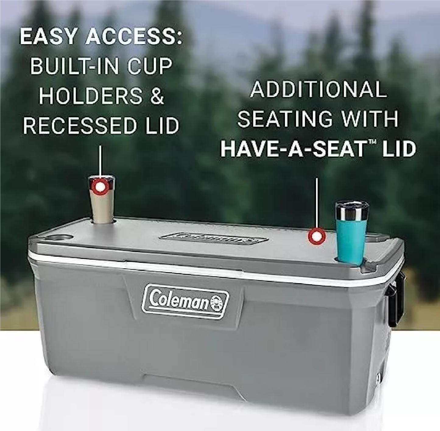 HIELERA COLEMAN 150 QT, TAPA CON MOLDE PORTAVASOS Y ASAS, GRIS